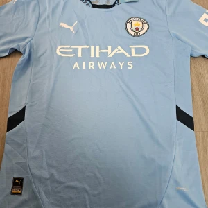 Manchester City matchtröja Puma - Manchester Citys officiella ljusblå matchtröja från Puma med klubbmärke och Etihad Airways-tryck på bröstet. Tröjan har korta ärmar, svart detalj på sidorna och mönstrad krage. Tillverkad i ventilerande funktionsmaterial.