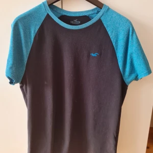 Svart och blå t-shirt från Hollister strl S - Snygg t-shirt från Hollister med svart kropp och blå ärmar. Den har en liten logga på bröstet och är kortärmad. Storlek S. Kan hämtas i Vallentuna.