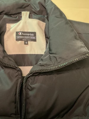 Svart dunväst från Champion - Säljer en svart dunväst från Champion i storlek S. Västen har en quiltad design, dragkedja framtill och en knappdetalj med Champion-logga på sidan. Materialet är polyester och västen har en hög krage som ger extra värme. Perfekt för lager-på-lager under kyliga dagar.