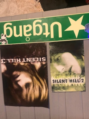 Silent Hill poster - Två Silent Hill posters och en utgång skylt i plast, allt är lite damaged men funkar bra. Jag har innan använt det som väg decoration. Posterna är gjorda i plastigt tyg och skylten är lite klistrig från gammalt tejp. Skylten är thriftad och lyser i mörkret, posterna är från AliExpress 