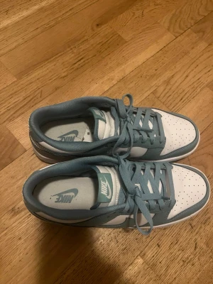 Nike Dunk Low blå/vita sneakers - Säljer ett par Nike Dunk Low sneakers i en fräsch blå och vit färgkombination. Skorna har klassisk snörning, perforerad tåbox och den ikoniska swoosh-loggan på sidan. Ovandelen är i skinn och de har en låg silhuett som passar perfekt till streetwear.
