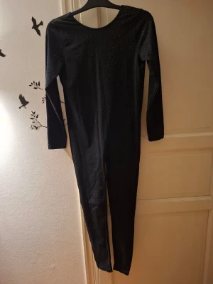 Svart jumpsuit med små glittriga detaljer - Säljer en svart långärmad jumpsuit med små glittriga prickar över hela plagget. Tight passform och rundad halsringning. Perfekt för dig som vill sticka ut lite extra. Materialet känns stretchigt och bekvämt.