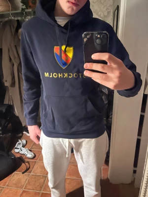 Blå Djurgården hoodie med tryck - Säljer en marinblå hoodie från Djurgården med klubbens sköld i rött, gult och blått på bröstet samt texten STOCKHOLM i gult. Tröjan har huva med snörning och en stor magficka. Perfekt för dig som vill visa ditt lagstöd.
