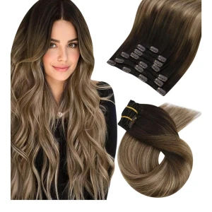 Moresoo Clip-in löshår ombre brunt - Clip-in löshår från Moresoo i ombre färg 55cm, mörkbrun vid roten som övergår till askblond. Finns i olika längder och tjocklekar, med 7 delar och metallclips för enkel applicering. Materialet är  äkta hår, med naturlig glans och mjuk känsla. Håret kan stylas med värma samt färgas och tvättas. Det är nyss och kommer i original paketering 