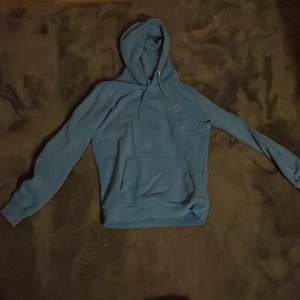 Blå hoodie från GANT med huva - Säljer en blå hoodie från GANT i storlek XS. Tröjan har huva med snörning, magficka och broderad GANT-logga på bröstet. Perfekt för chill dagar och enkel att matcha med jeans eller mjukisbyxor.