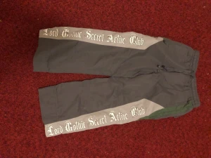 Grå byxor Lord Gothic Secret Active Club - Grå byxor från SAYSKY med breda ljusgrå paneler längs benen och texten 'Lord Gothic Secret Active Club' i gotisk stil. Byxorna har elastisk midja med snörning och en grön detalj vid linningen. Perfekta för dig som gillar streetwear med unik touch.