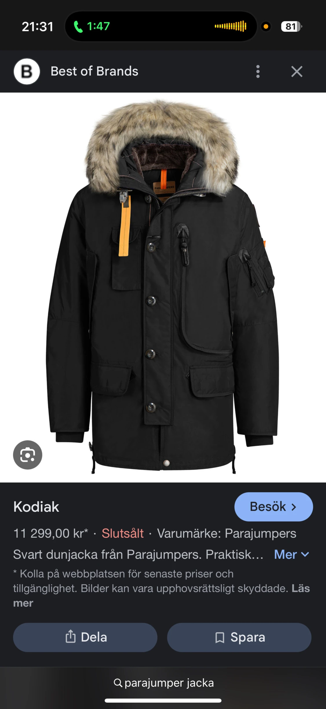 Svart Parajumpers Kodiak dunjacka
