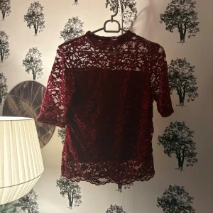 Vinröd spetsblus från H&M - Säljer en vinröd blus från H&M i storlek S. Blusen är helgjord i spets med blommigt mönster och har en hög hals samt korta ärmar. Den är semi-transparent upptill och har fina detaljer längs nederkanten. Perfekt för dig som gillar romantisk och trendig stil.