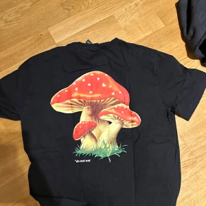 Svart t-shirt med svamptryck H&M - Svart t-shirt från H&M med stort tryck av röda flugsvampar på ryggen och mindre svamptryck framtill. Texten 'do not eat' under motivet. Klassisk passform och rund hals. Perfekt statement-plagg för dig som gillar coola prints.