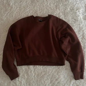 Brun croppad sweatshirt från Zara - Snygg brun croppad sweatshirt från Zara med rund hals och långa ärmar. Tröjan har ribbade muddar vid hals, ärmslut och nederkant. Lite nopprig i tyget, tecken på användning finns!