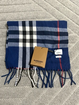 Blårutig Burberry  i kashmir - Säljer en snygg blårutig  från Burberry, tillverkad i 100% kashmir. Västen har klassiskt rutmönster i blått, vitt, svart och rött samt fransar längs nederkanten. Märkt med Burberry London England och tillverkad i Skottland. Perfekt för dig som gillar lyxiga detaljer.