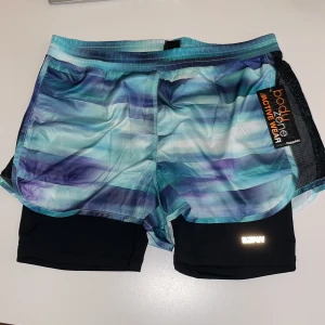 Randiga träningsshorts Bodyzone 36/38 - Säljer ett par snygga träningsshorts från Bodyzone, designade av KappAhl. Ytterskalet har ett randigt mönster i blå, lila och turkosa toner, med svarta innershorts. Elastisk midja och lätt material som passar perfekt för aktiva dagar.
