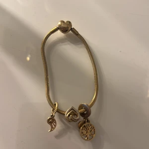 Guldigt armband med berlocker PANDORA - Snyggt guldigt armband med hjärtformad låsdel och flera berlocker, bland annat ett träd, ett hjärta med stenar och en vinge med texten 'Shine bright'. Armbandet har en elegant och modern look, perfekt för att ge din stil lite extra bling.