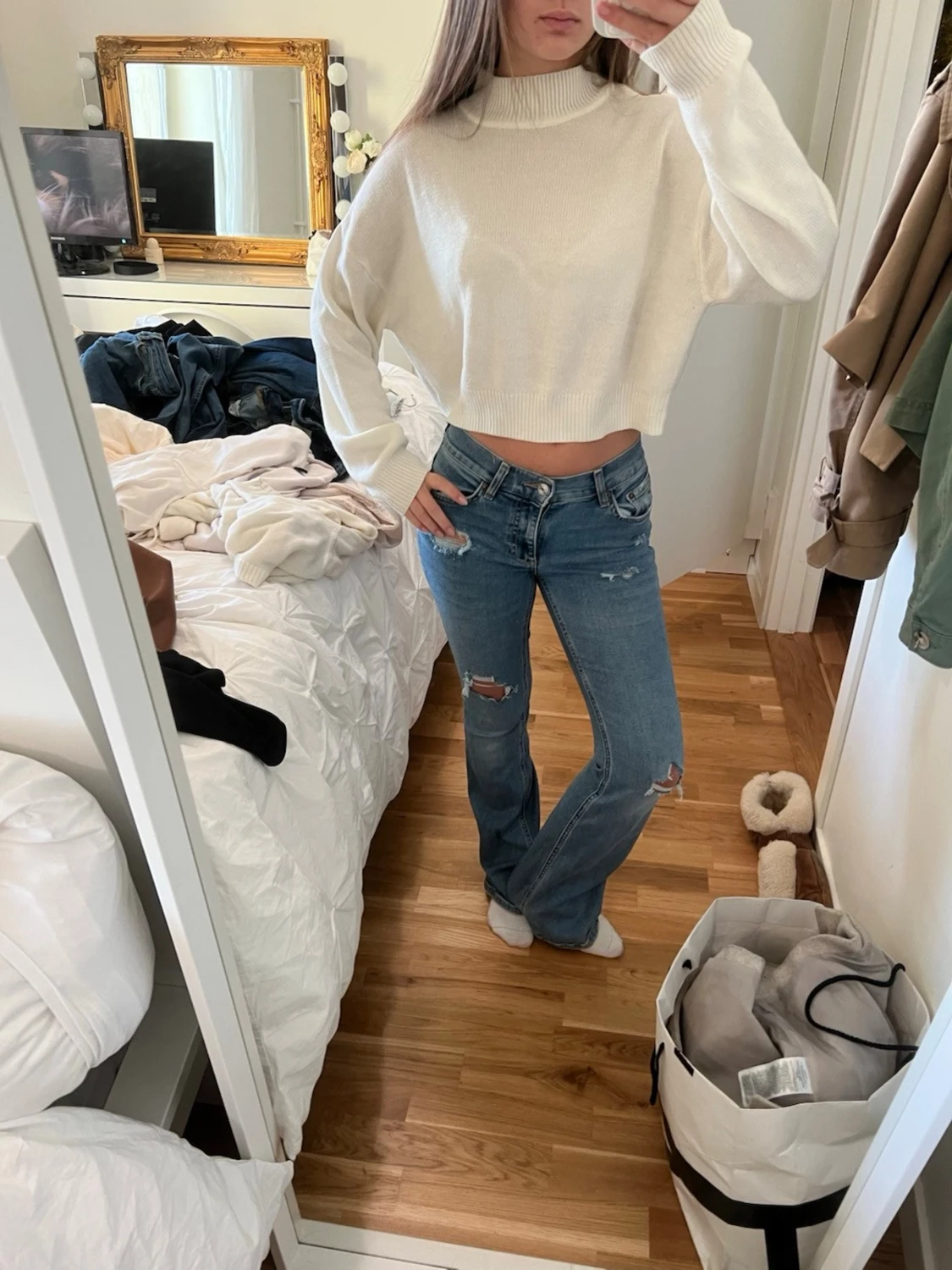 Vit croppad stickad polotröja - 4