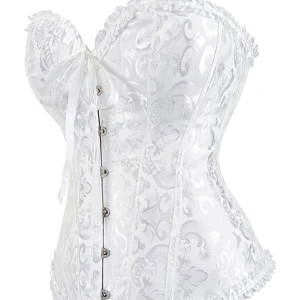 Vit korsett med satinmönster och snörning - Perfekt till halloween 🎃Supersnygg vit korsett med glansigt satinmönster och romantiska volangdetaljer längs kanterna. Framtill finns knäppning och en söt rosett, medan baksidan har klassisk snörning för perfekt passform. Axelbandslös och figurnära modell som ger en riktigt trendig siluett.