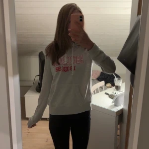 Grå hoodie Abercrombie med tryck - Säljer en ljusgrå hoodie från Abercrombie med rosa broderad logga och text framtill. Tröjan har huva med snörning och magficka. Perfekt för chill dagar eller när du vill ha en sportig look. Kolla gärna in min Vinted också, säljer saker billigare där😊