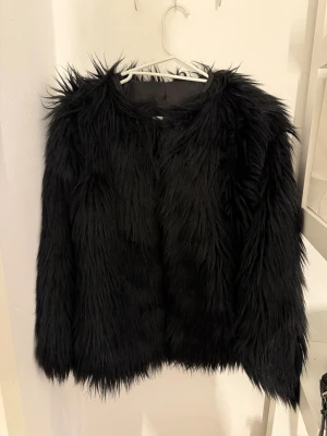 Svart pälsjacka fuskpäls - Säljer en svart pälsjacka med lång, fluffig lugg och rund halsringning. Jackan har en cool och trendig look, perfekt för dig som vill sticka ut. Fodrad insida för extra komfort. Passar dig som gillar statement-plagg.