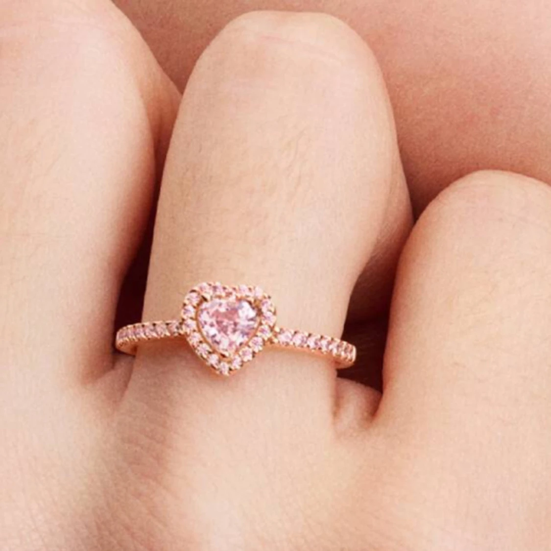 Roséguldring med hjärtformad rosa sten Pandora ring äkta 