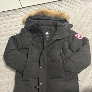 Svart dunjacka Canada Goose XS - Säljer en svart dunjacka från Canada Goose i storlek XS. Jackan har en stor huva med äkta päls, klassisk logga på ärmen och dragkedja framtill med tryckknappar. Perfekt för kalla vinterdagar och riktigt snygg streetstil.