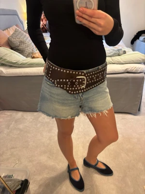 Skärp med nitar  - Säljer ett brett brunt skärp från Zara med silverfärgade nitar. Skärpet har en rejäl spänne och är gjort i skinnimitation. 