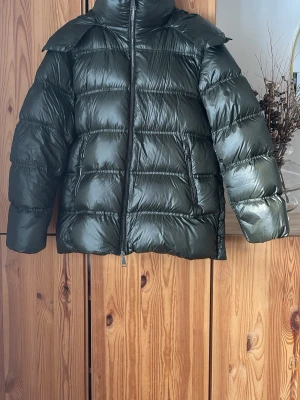 Grön pufferjacka från Massimo Dutti  - Snygg mörkgrön pufferjacka från Massimo Dutti slutsåld överallt med hög krage och dragkedja framtill. Jackan har två sidofickor med dragkedja och en glansig finish. Så skön och varm till vintern. 