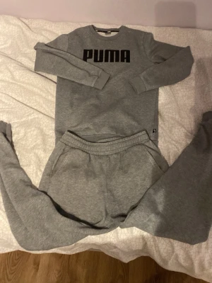 Grått loungewear-set från Puma - Mysigt grått loungewear-set från Puma med sweatshirt och matchande byxor. Tröjan har svart Puma-logga framtill och byxorna har resår i midjan samt sidofickor. Perfekt för chill hemma eller softa dagar. Materialet är mjukt och skönt mot huden. Tröjan är storlek s/176 och byxorna är M.
