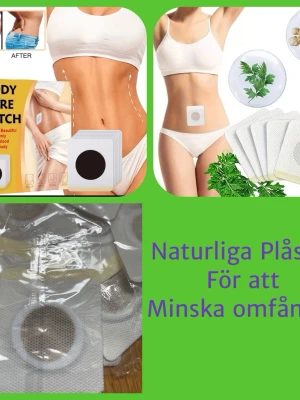 Naturliga plåster för kroppen 5 st slimming  - Säljer naturliga plåster som appliceras på huden, främst på magen. Plåstren är fyrkantiga med en rund mörk cirkel i mitten och tillverkade av ett vitt, perforerat material. De kommer i individuella plastförpackningar och innehåller växtbaserade ingredienser. 5 st