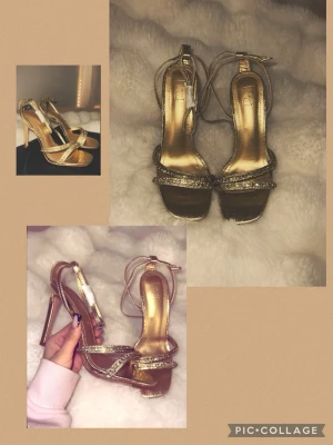 Glitter guld klackar - Säljer ett par guldiga klackar med smala remmar och glittriga detaljer. Säljer eftersom jag köpt fel storlek och kunde ej lämna tillbaka. Skorna är helt nya alldrig använda och kommer i orginal förpackningen!💛💛 Ordinarie pris 899(: