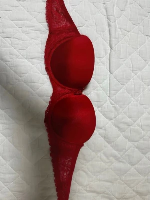 Röd spets-bh 75B - Snygg röd bh med släta kupor och spetsdetaljer längs kanterna. Bh:n har en liten rosett framtill och tunna axelband i spets. Materialet är glansigt och ger en lyxig känsla.