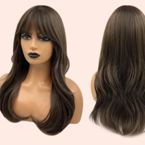 22 inch Cold Brown with bangs wig - Human hair wig with free hair cap and brush can be style wash and iron and curl
