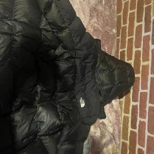 Svart dunjacka från The North Face - Säljer en svart dunjacka från The North Face med huva och två sidofickor med dragkedja. Jackan har en puffig design och loggan broderad på bröstet. Perfekt för kalla dagar och har en riktigt schysst streetstil.Helt ny jacka också 
