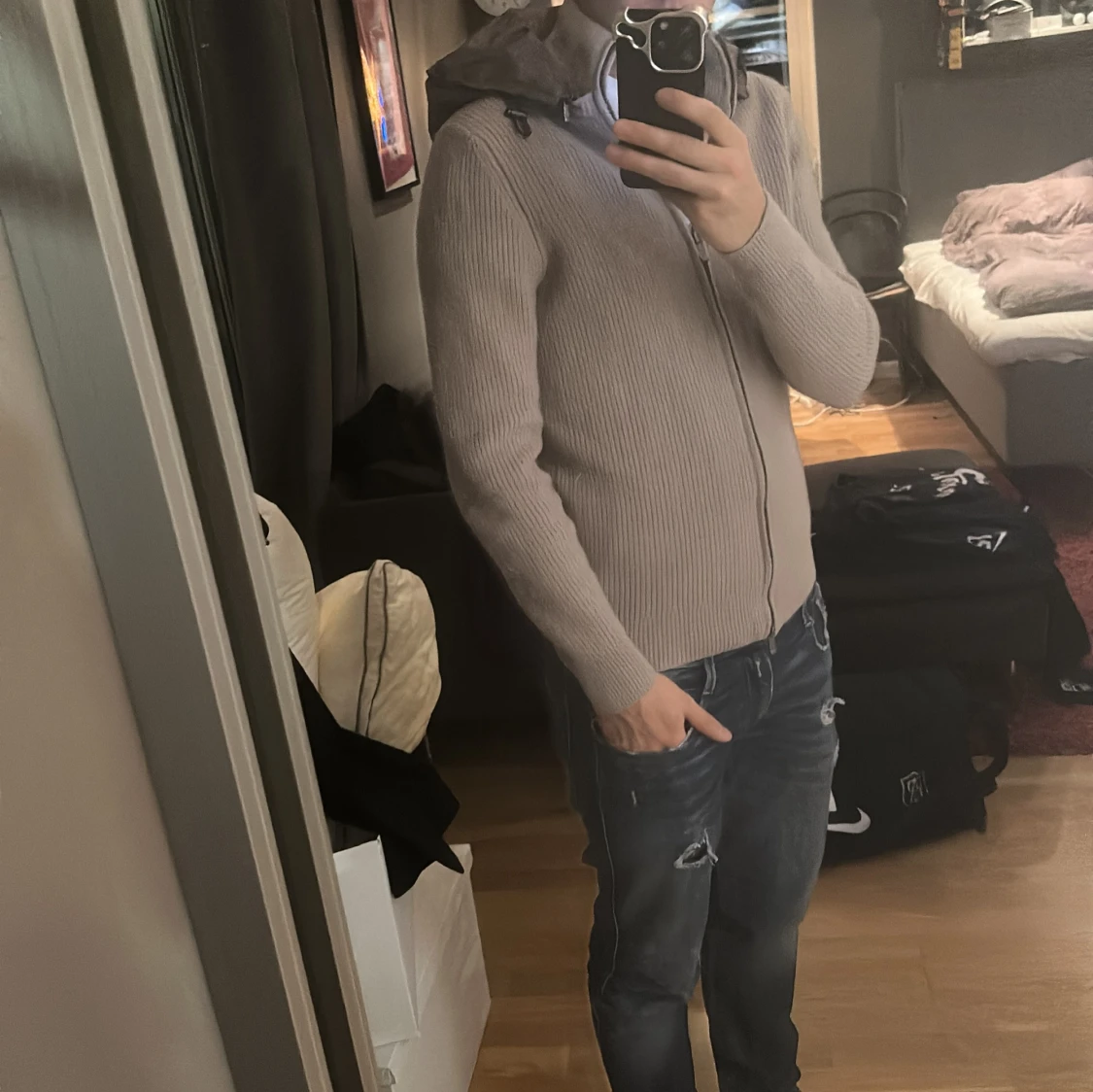 Beige stickad jacka/cardigan Massimo Dutti