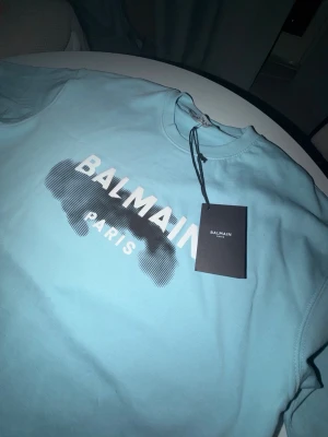 Balmain Paris t-shirt oversized  - Snygg ljusblå t-shirt från Balmain Paris med vit logga och svart grafiskt tryck över bröstet. Klassisk rund halsringning och korta ärmar. Tillverkad i mjuk bomull för skön känsla och stilren look.