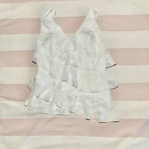 Vit volangblus från Boohoo - Supersöt vit blus från Boohoo med flera lager volanger och subtilt blommönster i tyget. Ärmlös modell med v-ringning och lätt glansig finish. Perfekt för dig som gillar romantiska och feminina detaljer. Priset kan sänkas!💕