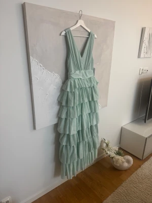 Ny balklänning med volanger - Populära balklänningen som sålde slut förra året, storlek 40 -M/L. I färgen turkos som är nysläppt ! Nypris på deras hemsida: 1800, längd från axel: 150cm. hos andra återförsäljare 2000kr+