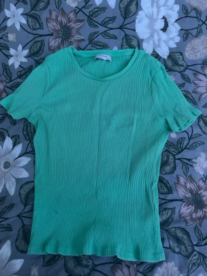 Ribbad grön topp från Lindex - Snygg ribbad topp från Lindex i en fräsch grön färg. Modellen har korta ärmar och rund halsringning. Perfekt att matcha med jeans eller kjol för en chill look.