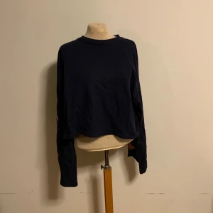 Mörkblå tunn långärmad med blommor H&M - Mörkblå croppad långärmad från H&M Divided med broderade blommor i rosa längs ärmarna. Tröjan har rund halsringning och långa ärmar. Perfekt för dig som gillar unika detaljer och vill sticka ut lite extra.