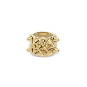 Guldig statementring med nitar - Cool och chunky ring i guldton med flera spetsiga nitar framtill. Perfekt för dig som vill sticka ut och addera en edgy vibe till din stil. Ringen har en bred design och glänsande finish som drar blickarna till sig.