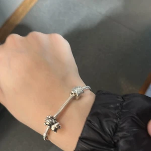 Pandora silverarmband med berlocker - Snyggt silverfärgat armband från Pandora med flera detaljerade berlocker, bland annat ett hjärta med Pandora-loggan och en glittrig berlock. Armbandet har en klassisk flätad kedja och berlocker i olika former som ger en personlig touch.