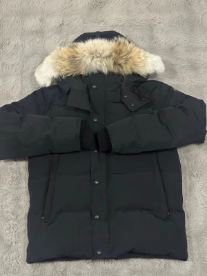 Svart dunjacka med päls från Canada Goose - Säljer en svart dunjacka från Canada Goose med stor huva och fluffig ljus päls. Jackan har långa ärmar, flera fickor och stängs med både dragkedja och knappar. Perfekt för kalla vinterdagar och har en klassisk, clean look.