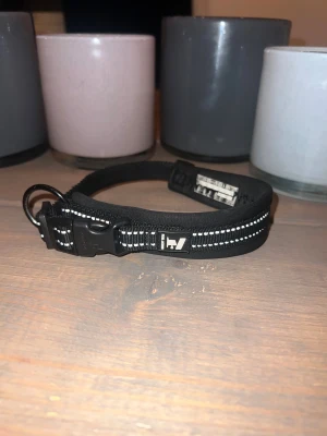Svart halsband med reflexdetaljer från Feel Active - Säljer ett svart halsband från Feel Active med vita reflexdetaljer längs kanterna. Halsband har ett smidigt spänne och ring för enkel fastsättning. Materialet är syntet och designen är stilren med diskret Feel Active-logga. Perfekt för promenader när det är mörkt ute.