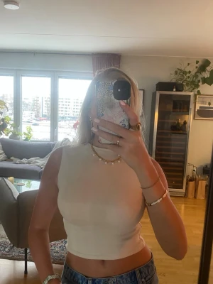 Beige croppad ärmlös topp - Säljer en stilren beige croppad topp med hög hals och ärmlös design. Toppen är ribbad och sitter tight mot kroppen, perfekt till jeans eller kjol. Materialet känns mjukt och stretchigt, vilket gör den superbekväm att bära.