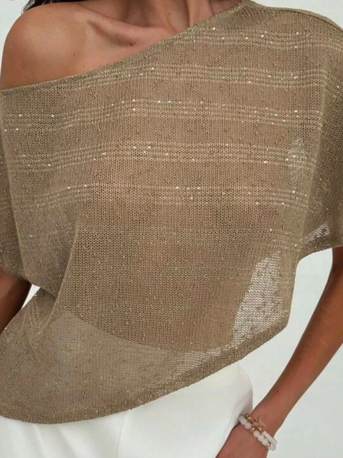 Beige glittrig offshoulder topp - 1