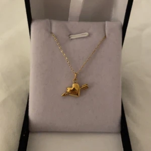 Guldigt halsband med hjärthänge liten - Snyggt halsband i guld med ett hjärthänge som har en pil genom sig. Kedjan är tunn och elegant, perfekt för att ge din stil en romantisk touch. Hängsmycket är detaljrikt och har en blank finish som fångar ljuset. Rostfri 