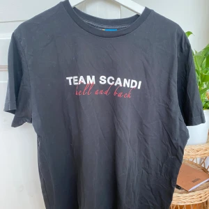 Svart Team Scandi t-shirt i bomull - Svart t-shirt från Team Scandi med tryck 'TEAM SCANDI hell and back' fram och 'hell and back' bak. Tillverkad i 100% Supima bomull för extra mjuk känsla. Klassisk passform med rund hals och korta ärmar. Perfekt för dig som gillar stilrena statement-plagg. Införskaffade hos Ettresex butik.