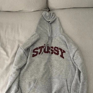 Grå  hoodie med vinröd logga - Säljer en grå hoodie med stor vinröd logga på bröstet. Tröjan har huva med snörning och en klassisk känguruficka framtill. Perfekt för dig som gillar streetwear och vill ha en chill look.