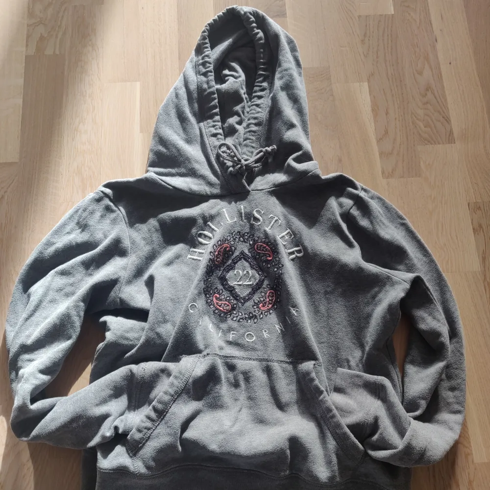 🤍✨ Grå hoodie av märket Hollister med lite broderi detaljer i vit och rosa. Supeeer snygg och bra kvalité! Säljer den då jag önskar att den var mer oversized. ✨🤍 . Hoodies.