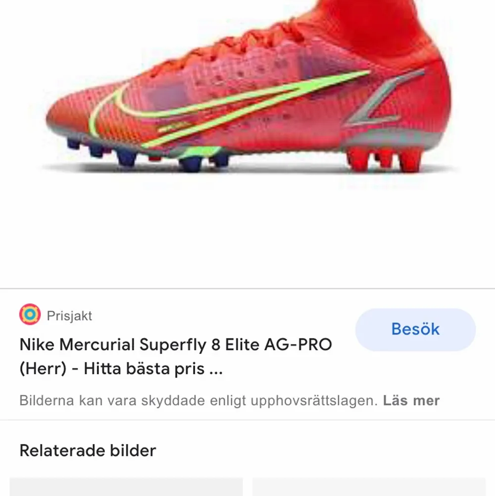 Ett par Nike mercurial superfly 8 i bra skick, inte använda så mycket men lite sönder därav billigt pris på dem. Köpt nya o h Vill bli av med de därför säljar jag de billigt. Först till kvarn.  . Skor.