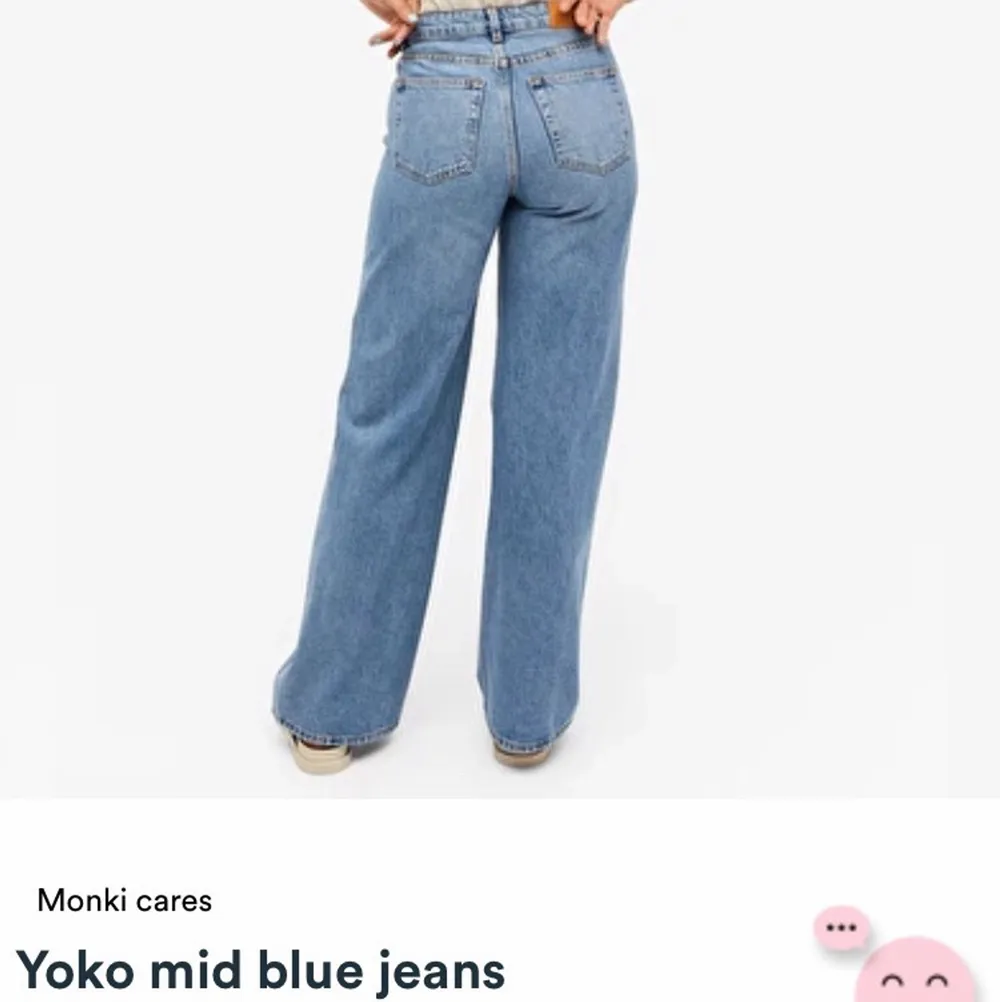 Jag säljer dessa fina jeans från Monki.💖 De är i bra skick och endast använda ett fåtal gånger pga får små i storleken.⭐️💞 Personligen skulle jag säga att de är lite små i midjan då mina andra jeans i samma storlek passar perfekt, längden är däremot normal. Har i vanliga fall storlek 38 eller S/M (Andra och tredje bilden är från hemsidan) Köparen betalar för eventuell frakt❤️. Jeans & Byxor.