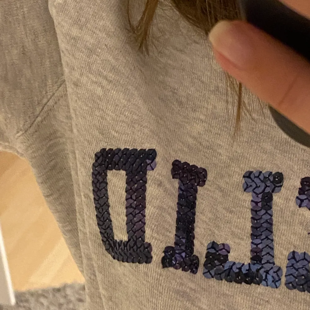 Grå skit cool sweatshirt från bondelid i str S med blå paljettig text. 120kr + fraktkostnaden . Tröjor & Koftor.